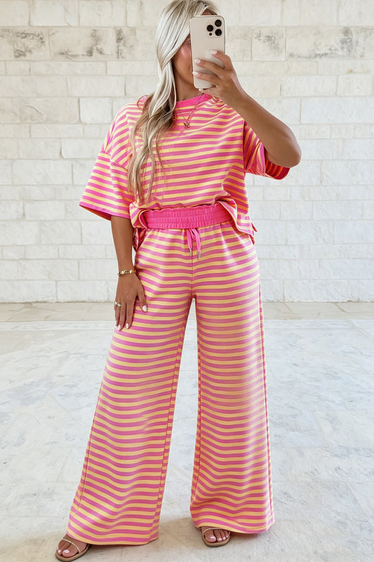 Pink Stripe Colorblock Trim Crew Neck Loose Tee Drawstring Elastic Waist 2pcs Pant Set