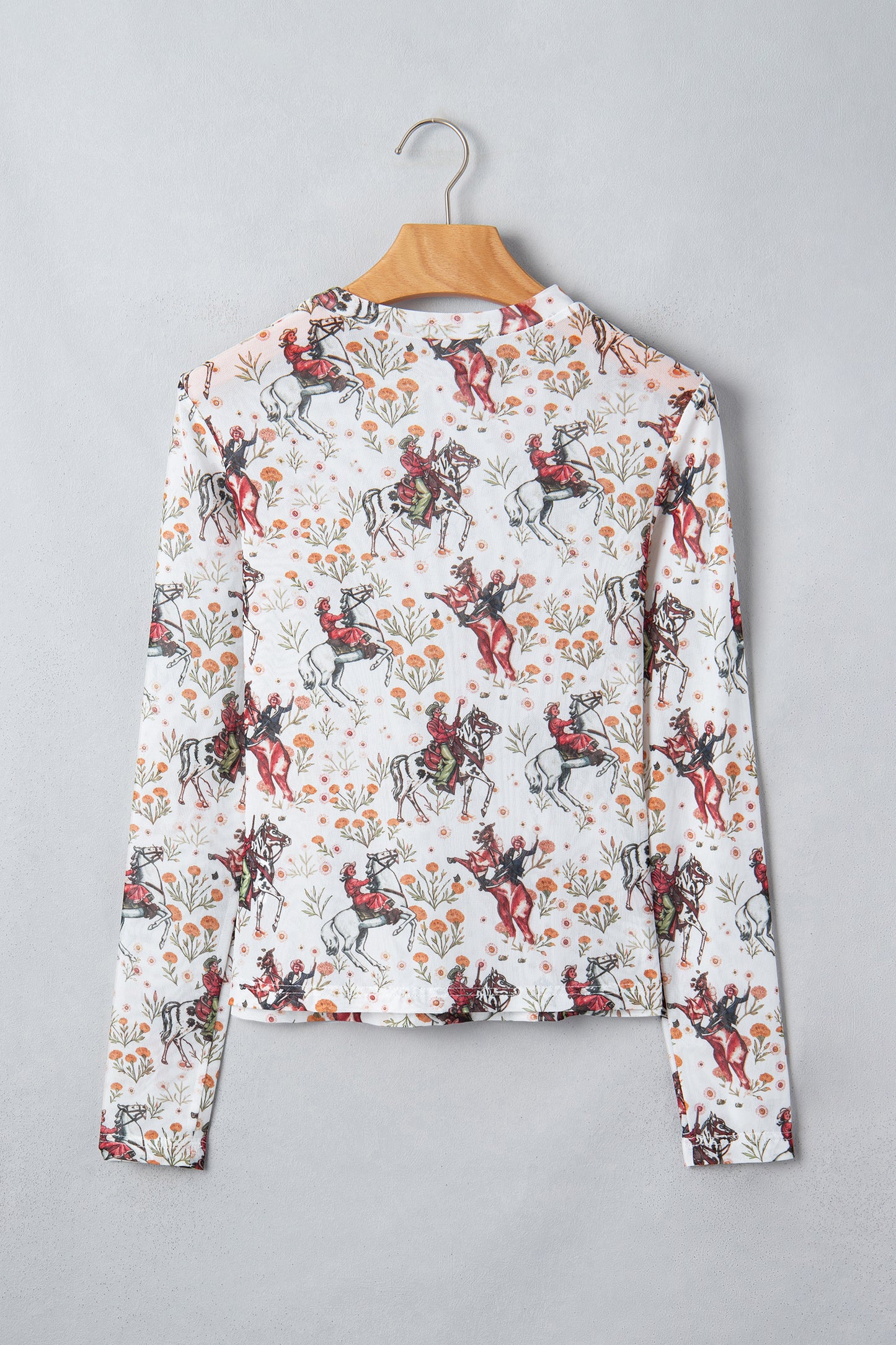 Brown Western Cowboy Floral Print Sheer Mesh Long Sleeve Top